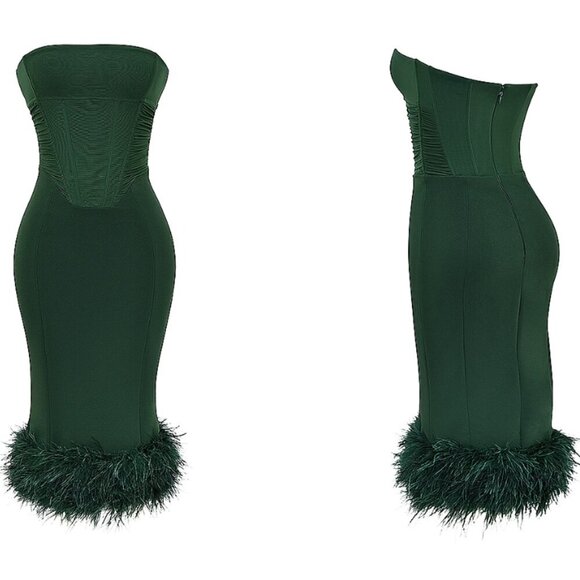 House of CB‎ Fionula Emerald Green Strapless Corset Midi Dress feather NWOT sz L - Picture 3 of 11
